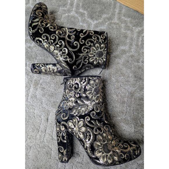 Wild Diva High Heel Ankle Boots Booties WOMENS 7.5 black gold embroidery sequins - Picture 5 of 8